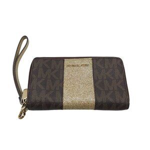 Michael Kors Brown Gold Glitter Wristlet Wallet With Zip Closure
